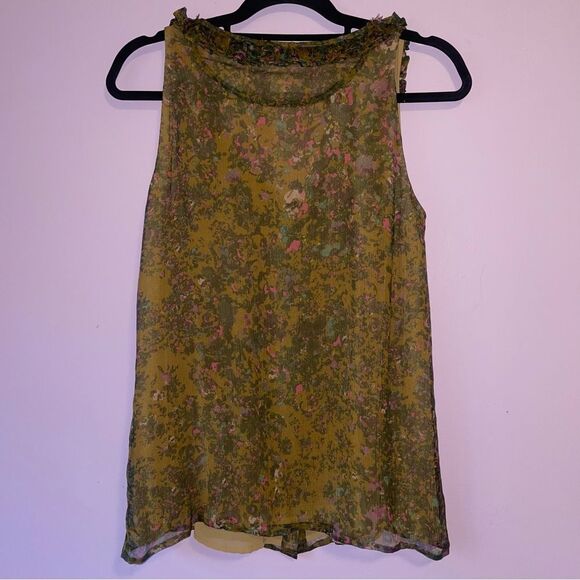 J Crew Size 8 Silk Floral Print Sleeveless Blouse Brown Top Ruffle - Picture 5 of 7